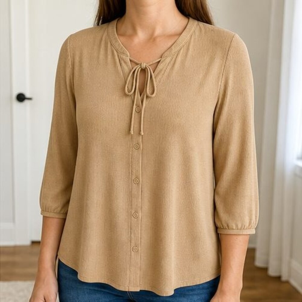 Camel Tie Neck Blouse - Picture 2 of 6